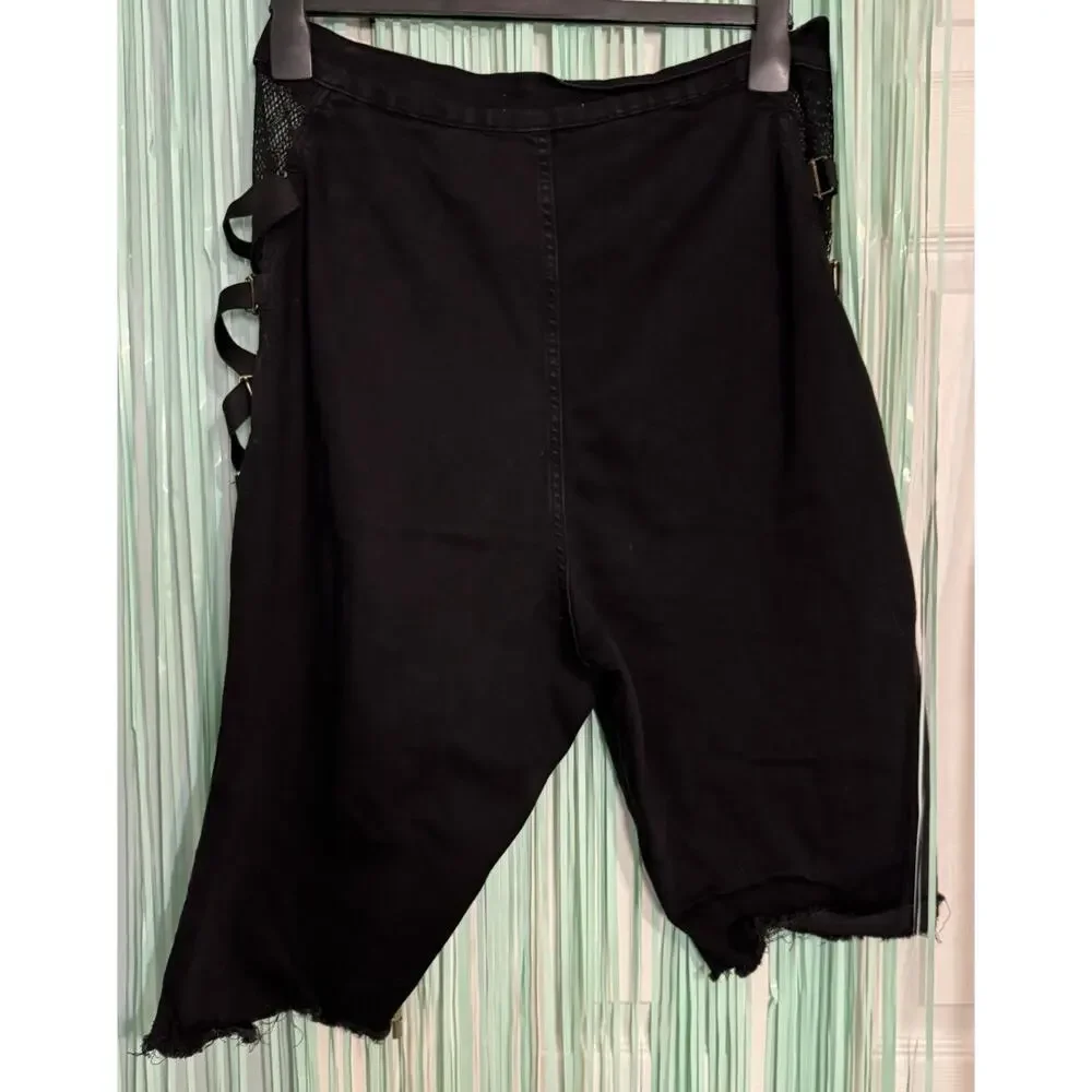 Aphrodite Black Bermuda Shorts, Elastic Fishnet Sides, Straps, Cut Off, 2XL - Picture 4 of 7
